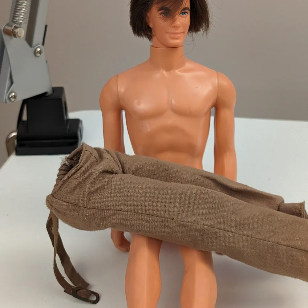 Vintage Ken Doll Rooted Dark Brown Hair Blue Eyes, 1968 with hand knit sweater